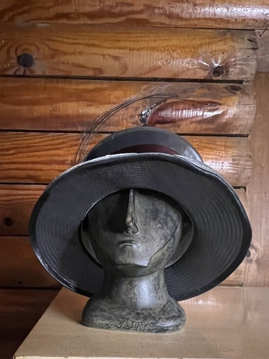 Vtg Evelyn Anne Grey Victorian Hat with Burgundy Sash, Grey Bow & Feathers Lined main image 10